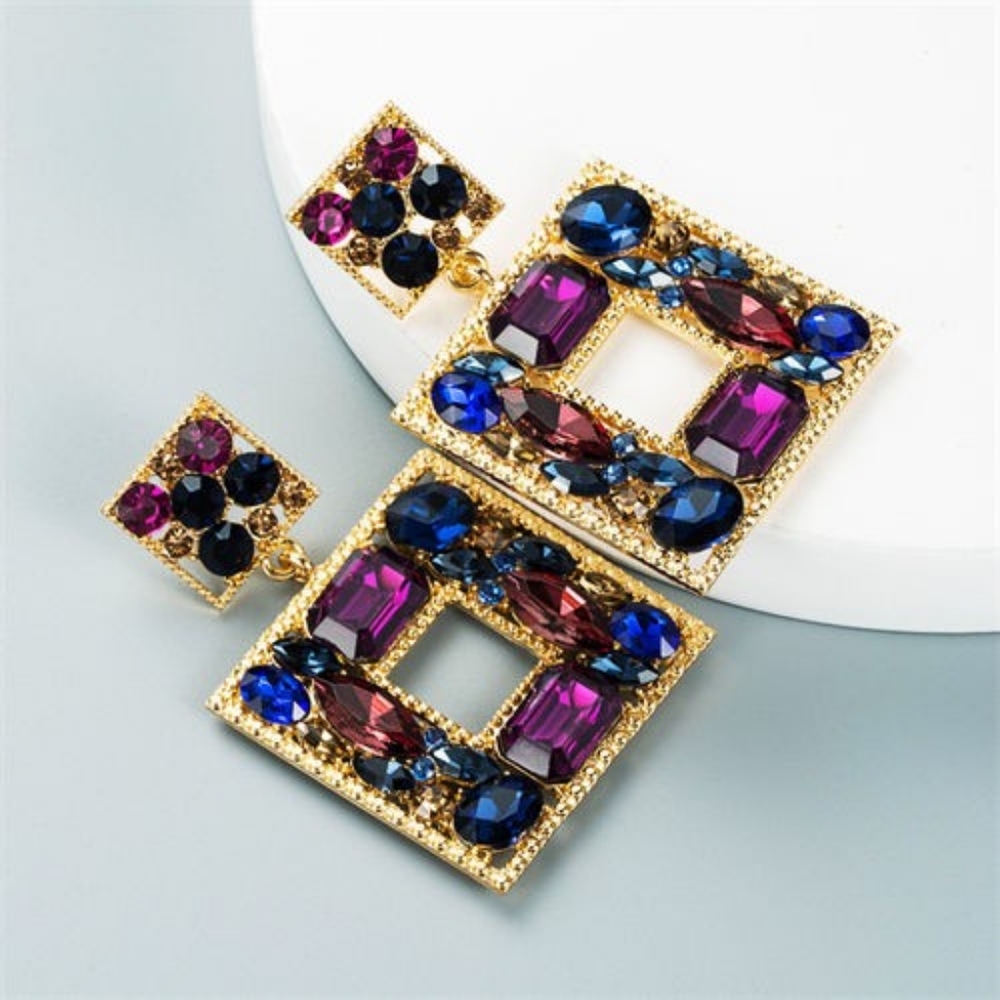 Baroque Style Colorful Rhinestone Square Bold Fashion Earrings